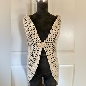 Handmade Crochet Open-Knit Vest Cream Boho Cottagecore Rosette Closure
